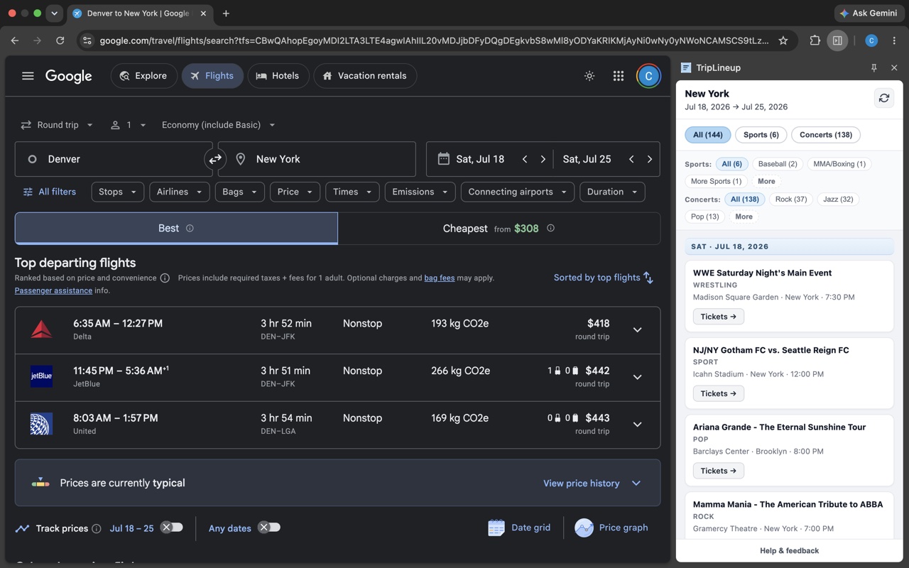 The TripLineup side panel open next to a Google Flights search from Denver to New York, listing 144 sports and concert events grouped by date with ticket links.